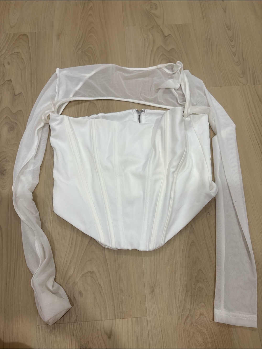 White Fox Boutique White Strapless Corset Top with Sheer Sleeves